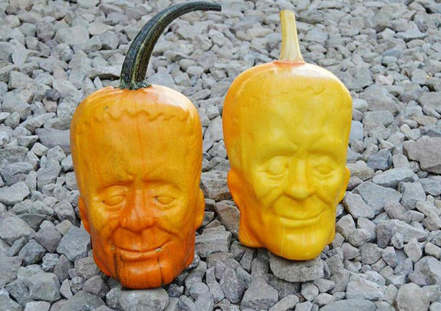 Descubre nuestra colección de calabazas con formas que parecen cabezas talladas a mano, p...